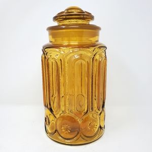 VTG LE Smith Moon & Stars Large Amber Glass Canister Jar w/ Lid